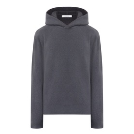 Lemaire dark grey cashmere hoodie with kangaroo pocket, ribbed cuffs and hem, and a relaxed fit