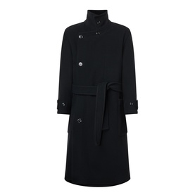 Lemaire black wool coat with high collar, double-button front, belted waist, and cuff button details