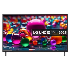 LG 43 Inch 4K UHD TV in black, slim bezels, two stand feet, colourful display screen showing LG UHD AI ThinQ 2025 branding