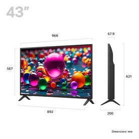 LG 43 Inch 4K UHD TV in black, shown with dimension diagram: 968x567mm front, 892x621mm with stand, 200mm depth.