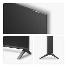LG 43 Inch 4K UHD TV in black, shown from multiple angles including front panel and slim stand base details