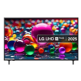 LG 55 Inch 4K UHD AI ThinQ TV in black, 2025 model, slim frame design with stand, displaying colourful 3D spheres on screen