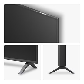 LG 55 Inch 4K UHD TV in black, showing front panel, stand base and side profile detail views
