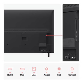 LG 55 Inch 4K UHD TV in black, showing rear panel and ports including HDMI, USB, LAN, Aerial, Sat and Optical connections.
