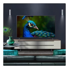 LG 55 Inch 4K UHD TV in black, wall-mounted in a styled living room displaying a vivid peacock image on screen