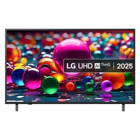 LG 50 Inch 4K UHD AI ThinQ TV 2025 in black, slim bezel design with vibrant coloured ball display on screen