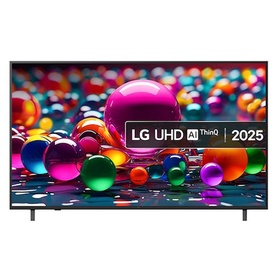 LG UHD AI ThinQ 2025 television displaying vibrant colourful spheres on screen, dark slim frame, stand-mounted