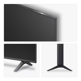 Black flat-screen TV shown from multiple angles, featuring slim bezels, matte finish, and a V-shaped stand base