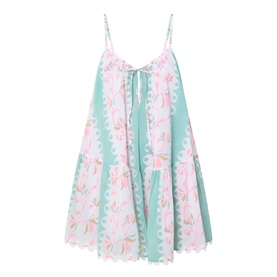 Loose Scallop Trim Dress in pistachio/multi, floral print cotton with scallop lace trim, tie front detail, tiered skirt, spaghetti straps