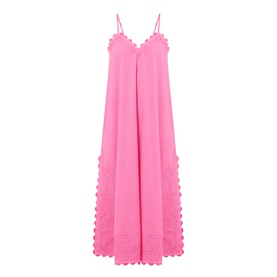Juliet Dunn hot pink cotton maxi dress with spaghetti straps and scalloped lace trim hem and sides