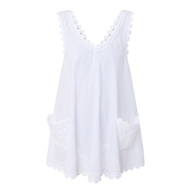 Juliet Dunn Embroidered Low Back Mini Dress in white with V-neckline, scalloped lace trims, patch pockets, and flared silhouette