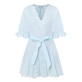 Juliet Dunn Poplin Tie Waist Dress in Ice Blue/White, V-neckline with lace trim, ruffled sleeves, self-tie waist, ruffled mini hem