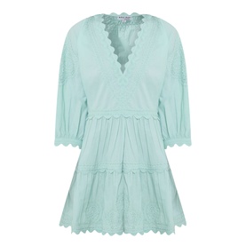 Tiered Scalloped Dress in pistachio cotton with deep V-neckline, scalloped trim, broderie anglaise detail, and tiered skirt