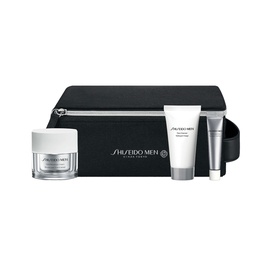 Shiseido Men Total Age-Defense Set with black zip wash bag, cream jar, cleanser tube, and travel-size moisturiser