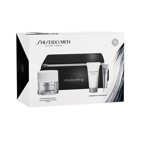 Shiseido Men Total Age-Defense Set with cream, serum, and cleanser presented with a black branded pouch