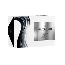 Shiseido Men Total Age-Defense Set in branded gift box with silver and white packaging featuring brushstroke design