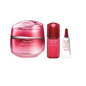 Shiseido Essential Energy Age-Prevention Expert Gift Set featuring hydrating cream, serum, and eye cream in signature red packaging