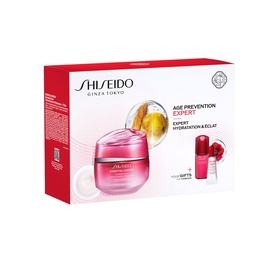 Shiseido Essential Energy Age-Prevention Expert Gift Set in red packaging with moisturiser jar and miniature travel companions