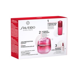 Shiseido Essential Energy Age-Prevention Expert Gift Set with cream, serum, and eye contour products in red and white packaging