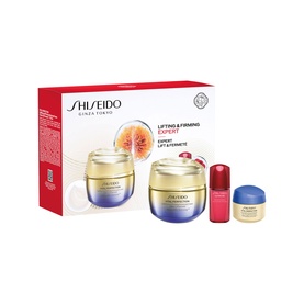 Shiseido Vital Perfection Lift and Firm Expert Gift Set containing two cream jars, a serum, and a miniature cream