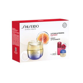 Shiseido Vital Perfection Lift and Firm Expert Gift Set featuring full-size cream and miniature skincare companions in branded red box