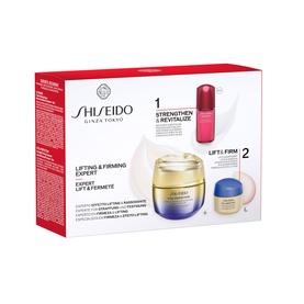 Shiseido Vital Perfection Lift and Firm Expert Gift Set featuring cream jar, serum, and eye cream miniatures in branded box