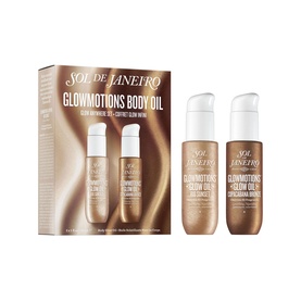 Sol De Janeiro Glowmotions Body Oil set of two shimmer body oil bottles in gold-toned packaging