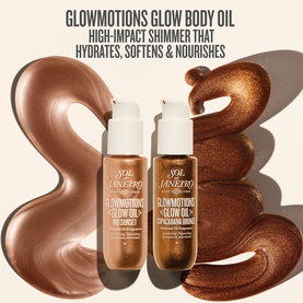 Sol De Janeiro Glowmotions Glow Body Oil duo in Rio Sunset and Ipanema Bronze shades with bronze shimmer swirl backdrop