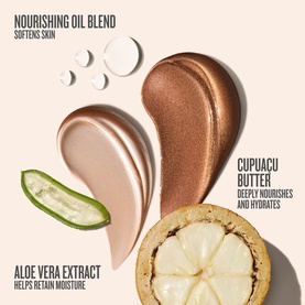 Sol De Janeiro skincare set ingredient highlights: nourishing oil blend, cupua&ccedil;u butter, and aloe vera extract swatches with natural botanicals.