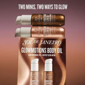 Sol De Janeiro Glowmotions Body Oil mini duo set, two bronze shimmer bottles with cream caps on gradient background