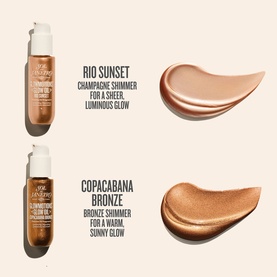 Sol De Janeiro full-coverage glow oils in two shades: Rio Sunset champagne shimmer and Copacabana Bronze, shown with swatch textures