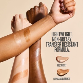 Sol De Janeiro body bronzer swatched on three arm shades, showing Rio Sunset and Copacabana Bronze shades with lightweight, transfer-resistant