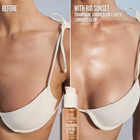 Sol De Janeiro Illuminating Glow Oil before and after comparison showing sheer champagne shimmer finish on d&eacute;colletage, Rio Sunset shade