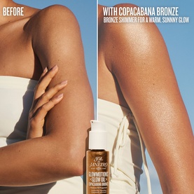 Sol De Janeiro Glowmotions Glow Oil before-and-after showing skin without and with Copacabana Bronze shimmer for a warm, sunny glow