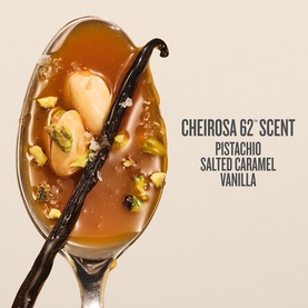 Sol De Janeiro Cheirosa 62 scent ingredients: pistachio, salted caramel and vanilla, illustrated with a spoon of golden caramel, nuts and vanilla pod