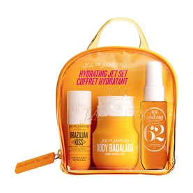 Sol De Janeiro Hydrating Jet Set Cheirosa 62 skincare set in orange zip pouch, containing body lotion, scrub, and mist spray