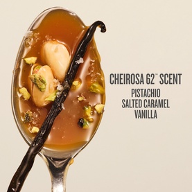 Sol De Janeiro Hydrating Jet Set Cheirosa 62 fragrance scent concept: pistachio, salted caramel and vanilla notes on a spoon