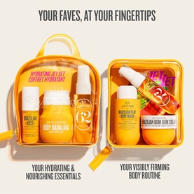 Sol De Janeiro Hydrating Jet Set Cheirosa 62 skincare set in yellow clear mini backpack with Body Badalada, Body Wash, and Bum Bum Cream
