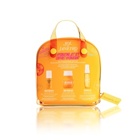 Sol De Janeiro Hydrating Jet Set&trade; Cheirosa 62 skincare set in yellow transparent mini bag with three travel-size products inside.