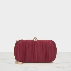 Ted Baker dark red pleated clutch bag with gold ball clasp and detachable chain strap, oval silhouette