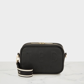 Ted Baker jet-black shoulder bag with embossed logo, gold-tone zip hardware, and striped crossbody strap