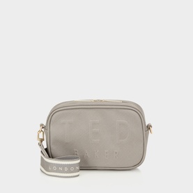 Ted Baker grey shoulder bag with embossed logo, gold-tone hardware, and striped crossbody strap