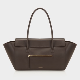 Ted Baker chocolate brown leather top handle tote bag with gold zip front pocket and twin rolled handles