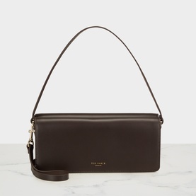 Ted Baker chocolate brown leather shoulder bag with gold-tone hardware, single top handle and detachable wrist strap