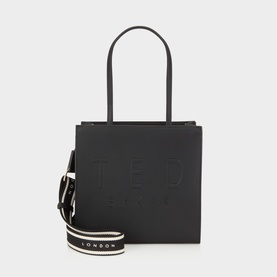 Ted Baker jet-black tote bag with embossed logo, gold-tone hardware, twin top handles and striped branded crossbody strap