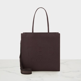Ted Baker chocolate brown large tote bag with embossed logo, twin top handles and detachable crossbody strap, silver-tone hardware