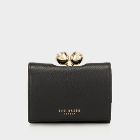 Ted Baker black pebbled leather wallet with gold kisslock frame closure and gold logo lettering