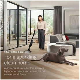 Miele Triflex HX3 Cat & Dog black cordless vacuum cleaner in use on hardwood floor, with grey dog resting nearby in bright living room.