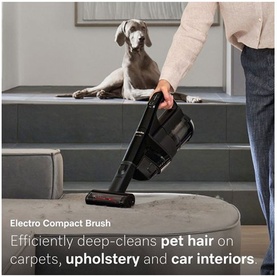 Miele Triflex HX3 Cat & Dog black vacuum cleaner in use on upholstery with dog in background, highlighting pet hair deep-cleaning