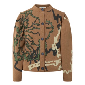 Urban Aran brown merino wool cardigan with abstract camo intarsia pattern in green, black and cream, button-front fastening